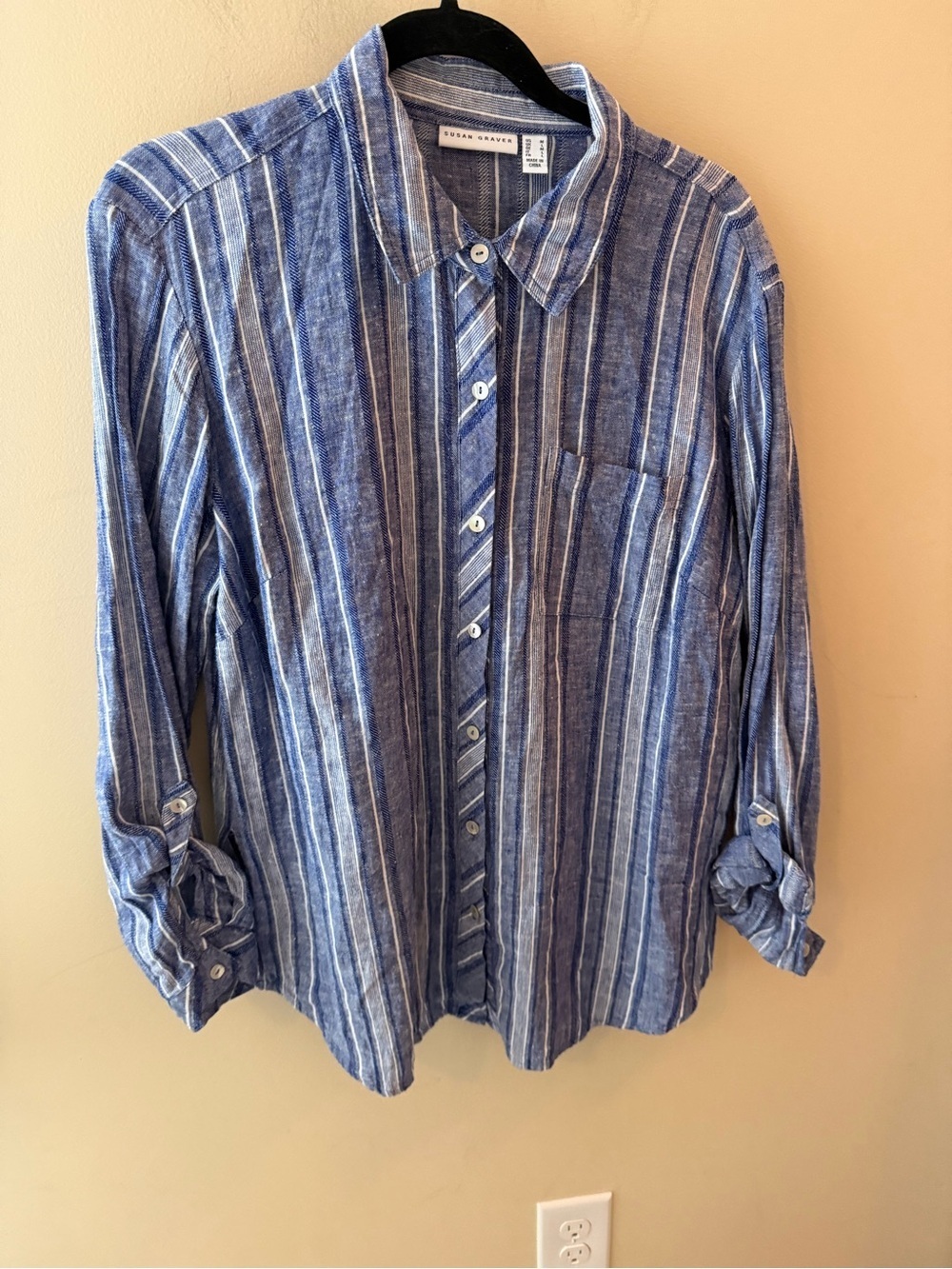 Susan Graver Blue LINEN BLEND Roll Sleeve Blouse Shirt Top Tropical Beach size M